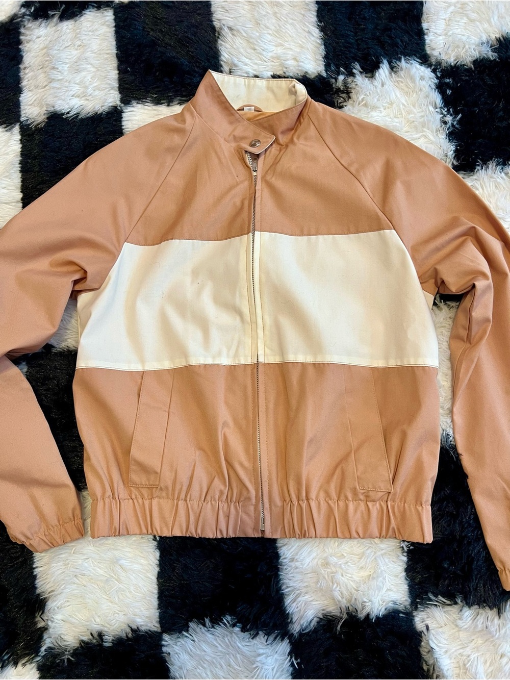 Vintage 90s Nylon Two-Tone Zip Front Jacket - Cream & Tan